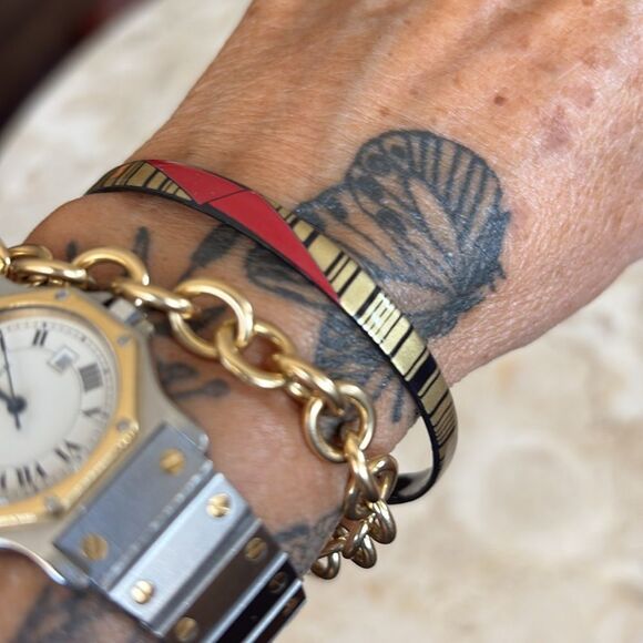 Vintage Steinbock Austria Red Black Enamel 24KT Gold Inlay Bangle Bracelet - Picture 6 of 11